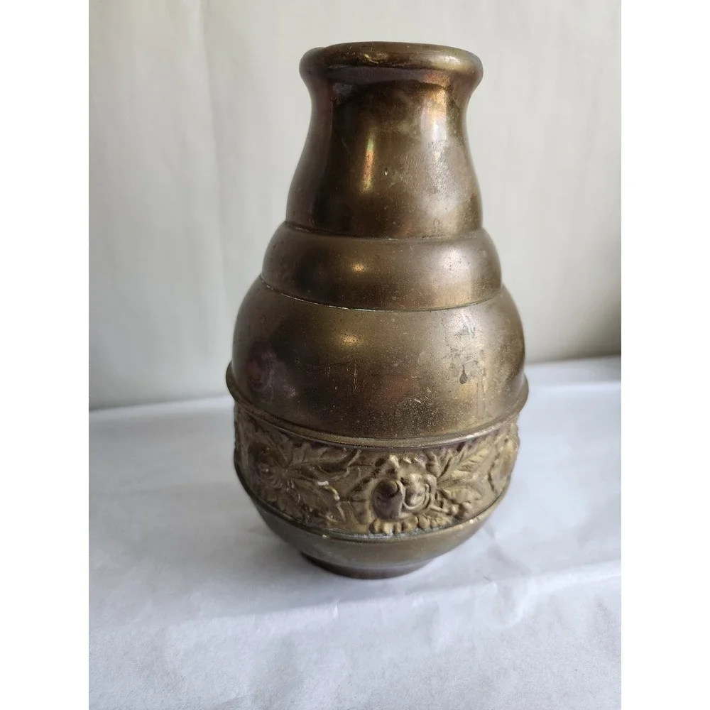 Vintage Brass Beehive Vase Embossed Floral Rose Band Tiered Bud Vase Patina